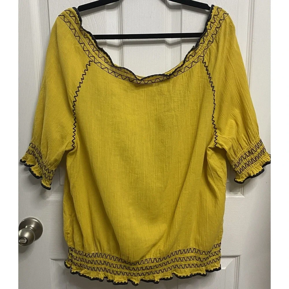 TORY BURCH Yellow&Blue Shirt Embroidered Tunic Top Oversized On/Off Shoulder-S